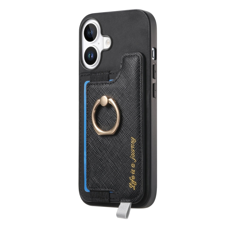 For iPhone 16 Plus Retro Magsafe Cross Leather Ring Holder Card Bag Phone Case(Black) - iPhone 16 Plus Cases by buy2fix | Online Shopping UK | buy2fix