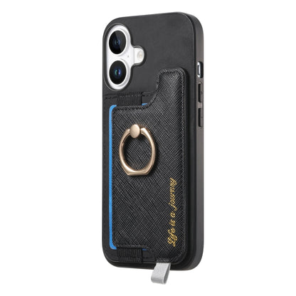 For iPhone 16 Plus Retro Magsafe Cross Leather Ring Holder Card Bag Phone Case(Black) - iPhone 16 Plus Cases by buy2fix | Online Shopping UK | buy2fix