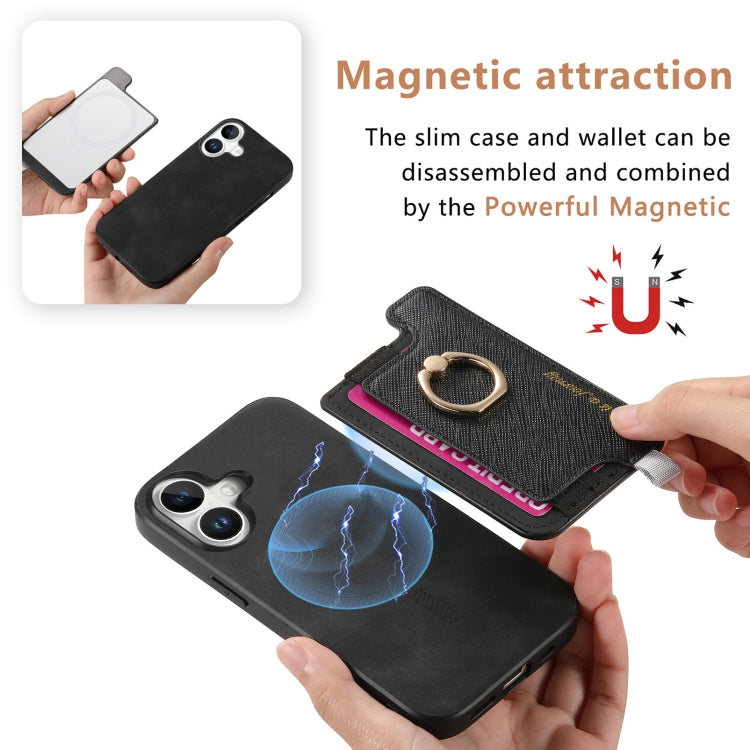 For iPhone 16 Plus Retro Magsafe Cross Leather Ring Holder Card Bag Phone Case(Black) - iPhone 16 Plus Cases by buy2fix | Online Shopping UK | buy2fix