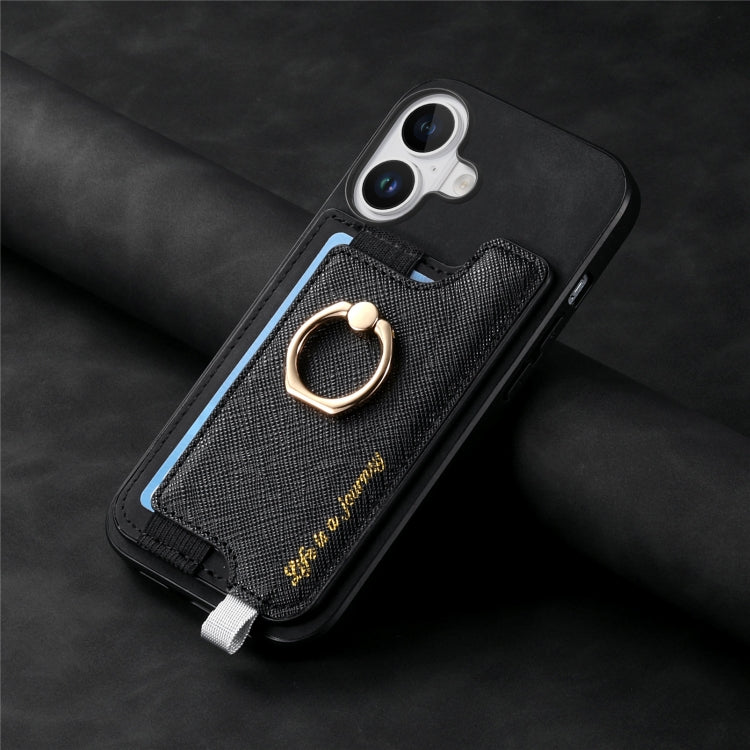 For iPhone 16 Plus Retro Magsafe Cross Leather Ring Holder Card Bag Phone Case(Black) - iPhone 16 Plus Cases by buy2fix | Online Shopping UK | buy2fix
