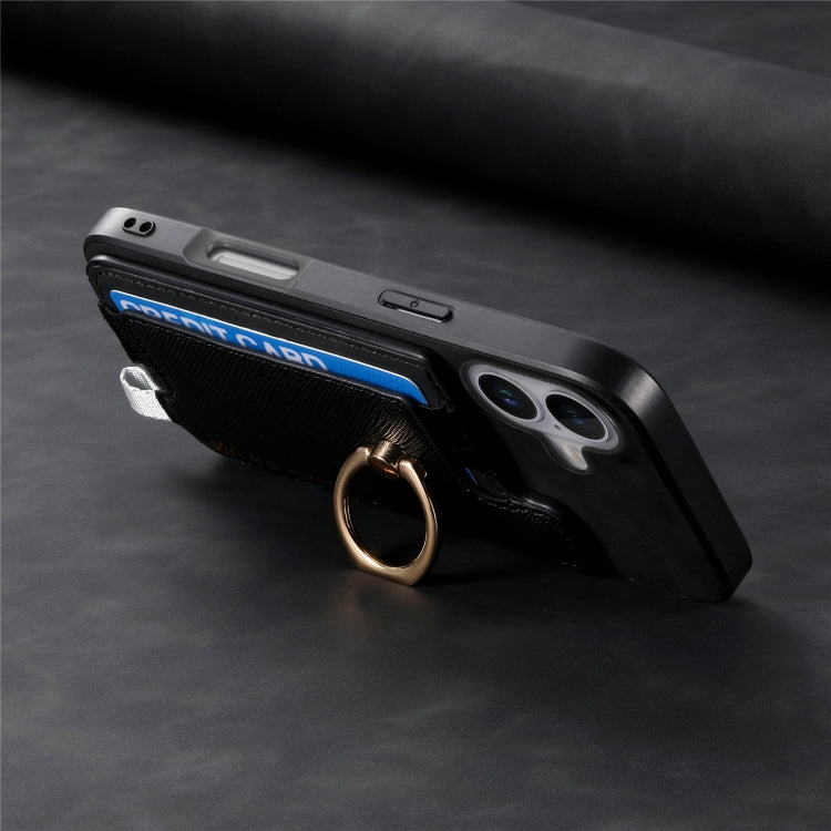 For iPhone 16 Plus Retro Magsafe Cross Leather Ring Holder Card Bag Phone Case(Black) - iPhone 16 Plus Cases by buy2fix | Online Shopping UK | buy2fix