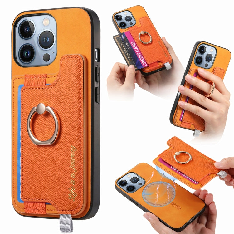 For iPhone 16 Pro Retro Magsafe Cross Leather Ring Holder Card Bag Phone Case(Yellow) - iPhone 16 Pro Cases by buy2fix | Online Shopping UK | buy2fix