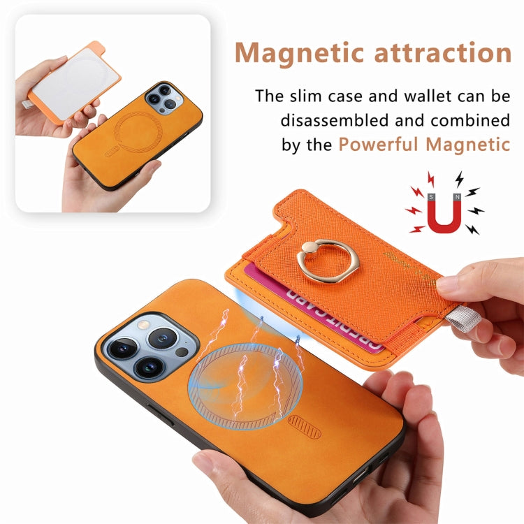For iPhone 16 Pro Retro Magsafe Cross Leather Ring Holder Card Bag Phone Case(Yellow) - iPhone 16 Pro Cases by buy2fix | Online Shopping UK | buy2fix