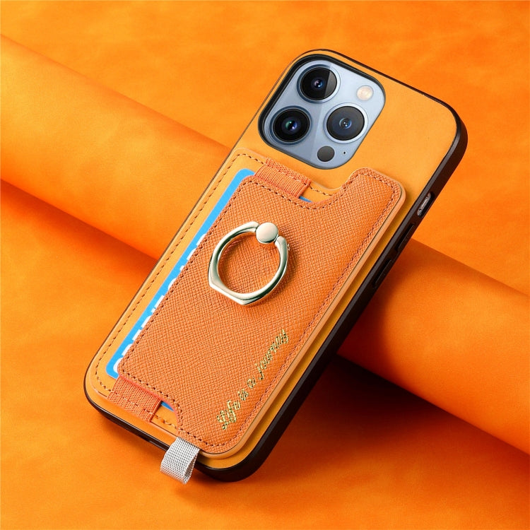 For iPhone 16 Pro Retro Magsafe Cross Leather Ring Holder Card Bag Phone Case(Yellow) - iPhone 16 Pro Cases by buy2fix | Online Shopping UK | buy2fix