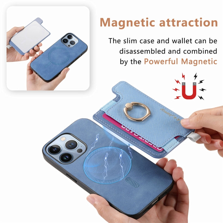 For iPhone 16 Pro Retro Magsafe Cross Leather Ring Holder Card Bag Phone Case(Blue) - iPhone 16 Pro Cases by buy2fix | Online Shopping UK | buy2fix