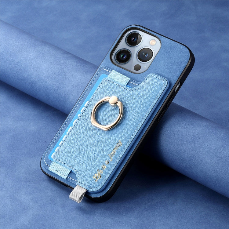 For iPhone 16 Pro Retro Magsafe Cross Leather Ring Holder Card Bag Phone Case(Blue) - iPhone 16 Pro Cases by buy2fix | Online Shopping UK | buy2fix