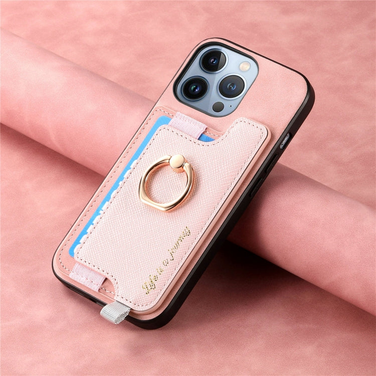 For iPhone 16 Pro Retro Magsafe Cross Leather Ring Holder Card Bag Phone Case(Pink) - iPhone 16 Pro Cases by buy2fix | Online Shopping UK | buy2fix
