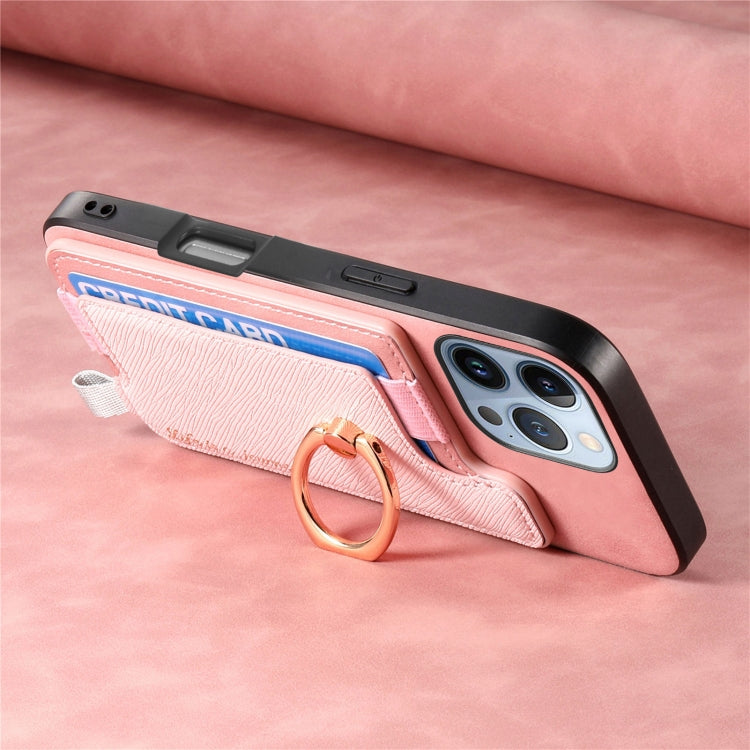 For iPhone 16 Pro Retro Magsafe Cross Leather Ring Holder Card Bag Phone Case(Pink) - iPhone 16 Pro Cases by buy2fix | Online Shopping UK | buy2fix