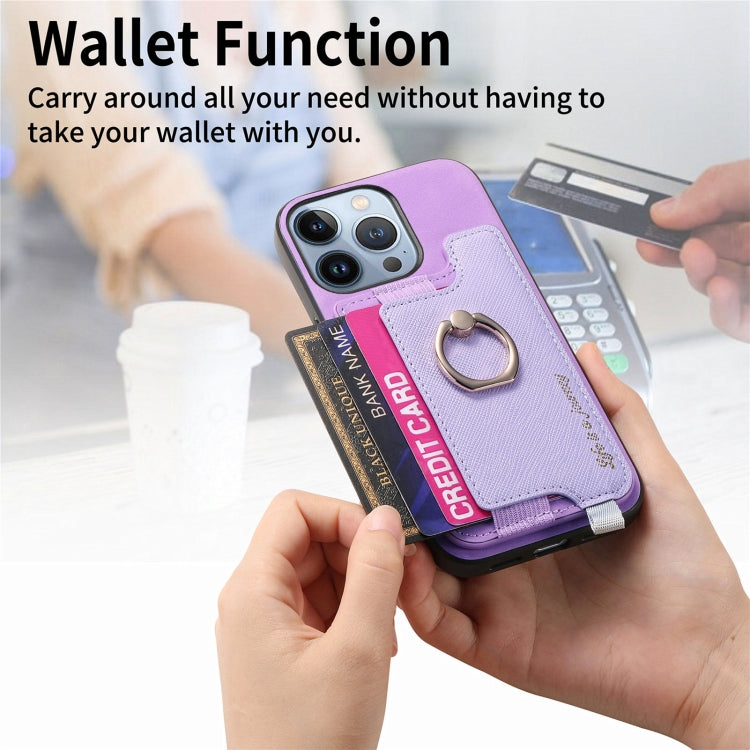 For iPhone 16 Pro Retro Magsafe Cross Leather Ring Holder Card Bag Phone Case(Purple) - iPhone 16 Pro Cases by buy2fix | Online Shopping UK | buy2fix