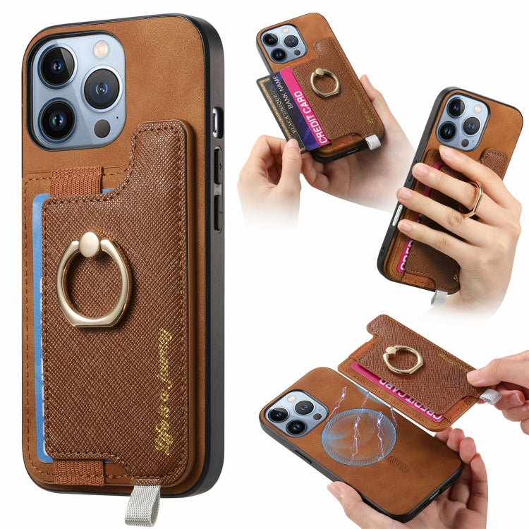 For iPhone 16 Pro Retro Magsafe Cross Leather Ring Holder Card Bag Phone Case(Brown) - iPhone 16 Pro Cases by buy2fix | Online Shopping UK | buy2fix