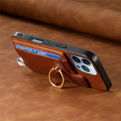 For iPhone 16 Pro Retro Magsafe Cross Leather Ring Holder Card Bag Phone Case(Brown) - iPhone 16 Pro Cases by buy2fix | Online Shopping UK | buy2fix