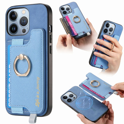 For iPhone 16 Pro Max Retro Magsafe Cross Leather Ring Holder Card Bag Phone Case(Blue) - iPhone 16 Pro Max Cases by buy2fix | Online Shopping UK | buy2fix