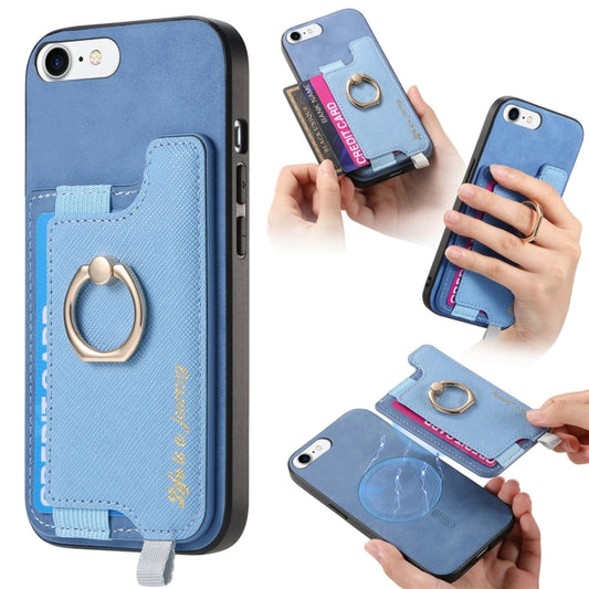 For iPhone 7 / 8 / SE 2022 Retro Magsafe Cross Leather Ring Holder Card Bag Phone Case(Blue) - iPhone SE 2022 / 2020 / 8 / 7 Cases by buy2fix | Online Shopping UK | buy2fix