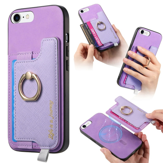For iPhone 7 / 8 / SE 2022 Retro Magsafe Cross Leather Ring Holder Card Bag Phone Case(Purple) - iPhone SE 2022 / 2020 / 8 / 7 Cases by buy2fix | Online Shopping UK | buy2fix