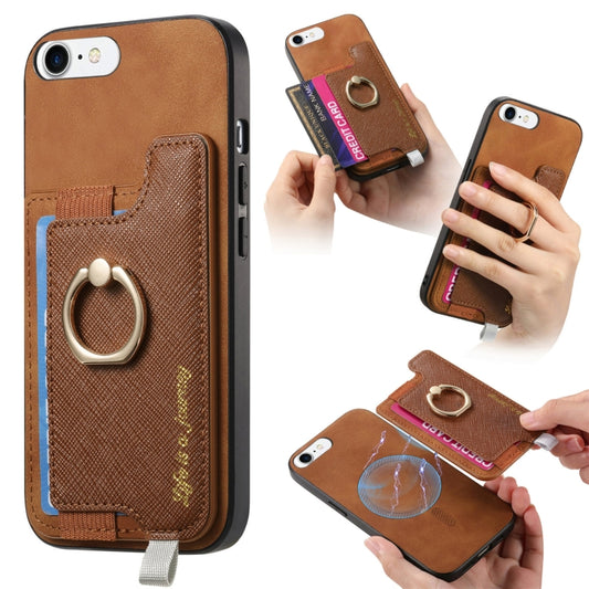For iPhone 7 / 8 / SE 2022 Retro Magsafe Cross Leather Ring Holder Card Bag Phone Case(Brown) - iPhone SE 2022 / 2020 / 8 / 7 Cases by buy2fix | Online Shopping UK | buy2fix