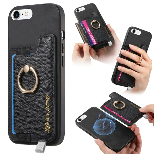 For iPhone 7 / 8 / SE 2022 Retro Magsafe Cross Leather Ring Holder Card Bag Phone Case(Black) - iPhone SE 2022 / 2020 / 8 / 7 Cases by buy2fix | Online Shopping UK | buy2fix