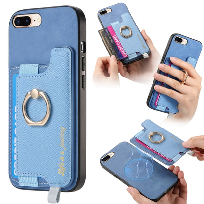 For iPhone 7 Plus / 8 Plus Retro Magsafe Cross Leather Ring Holder Card Bag Phone Case(Blue) - More iPhone Cases by buy2fix | Online Shopping UK | buy2fix