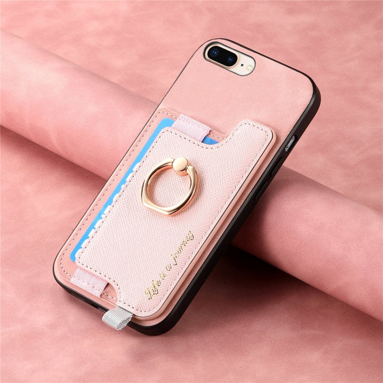 For iPhone 7 Plus / 8 Plus Retro Magsafe Cross Leather Ring Holder Card Bag Phone Case(Pink) - More iPhone Cases by buy2fix | Online Shopping UK | buy2fix