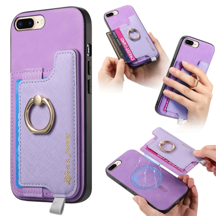 For iPhone 7 Plus / 8 Plus Retro Magsafe Cross Leather Ring Holder Card Bag Phone Case(Purple) - More iPhone Cases by buy2fix | Online Shopping UK | buy2fix