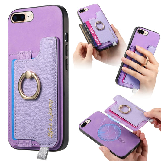 For iPhone 7 Plus / 8 Plus Retro Magsafe Cross Leather Ring Holder Card Bag Phone Case(Purple) - More iPhone Cases by buy2fix | Online Shopping UK | buy2fix