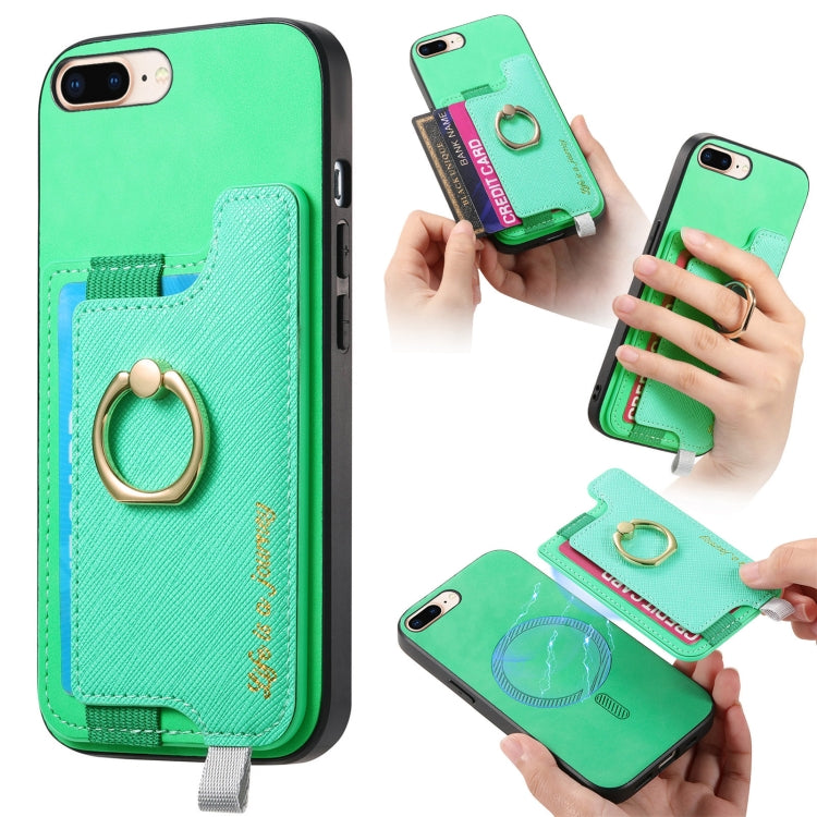 For iPhone 7 Plus / 8 Plus Retro Magsafe Cross Leather Ring Holder Card Bag Phone Case(Green) - More iPhone Cases by buy2fix | Online Shopping UK | buy2fix
