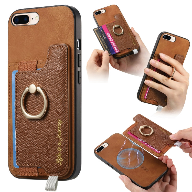 For iPhone 7 Plus / 8 Plus Retro Magsafe Cross Leather Ring Holder Card Bag Phone Case(Brown) - More iPhone Cases by buy2fix | Online Shopping UK | buy2fix