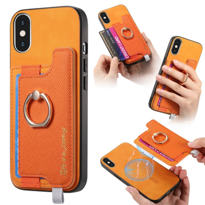 For iPhone X / XS Retro Magsafe Cross Leather Ring Holder Card Bag Phone Case(Yellow) - More iPhone Cases by buy2fix | Online Shopping UK | buy2fix