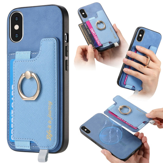 For iPhone X / XS Retro Magsafe Cross Leather Ring Holder Card Bag Phone Case(Blue) - More iPhone Cases by buy2fix | Online Shopping UK | buy2fix