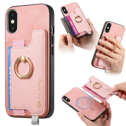 For iPhone X / XS Retro Magsafe Cross Leather Ring Holder Card Bag Phone Case(Pink) - More iPhone Cases by buy2fix | Online Shopping UK | buy2fix