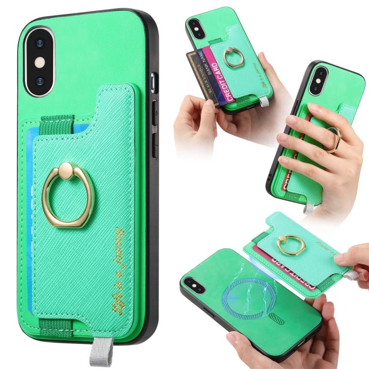 For iPhone X / XS Retro Magsafe Cross Leather Ring Holder Card Bag Phone Case(Green) - More iPhone Cases by buy2fix | Online Shopping UK | buy2fix