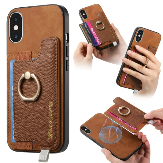 For iPhone X / XS Retro Magsafe Cross Leather Ring Holder Card Bag Phone Case(Brown) - More iPhone Cases by buy2fix | Online Shopping UK | buy2fix