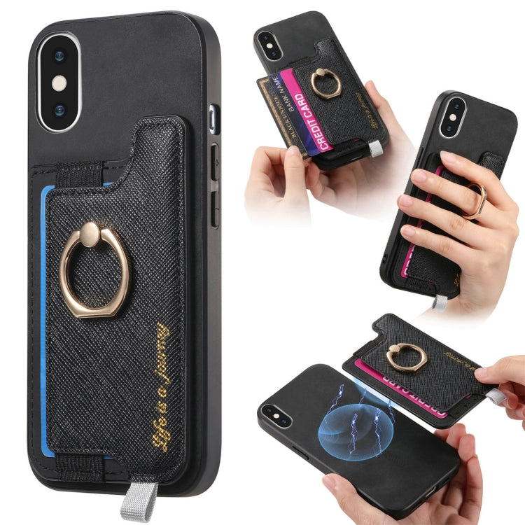 For iPhone X / XS Retro Magsafe Cross Leather Ring Holder Card Bag Phone Case(Black) - More iPhone Cases by buy2fix | Online Shopping UK | buy2fix