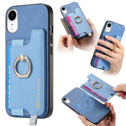 For iPhone XR Retro Magsafe Cross Leather Ring Holder Card Bag Phone Case(Blue) - More iPhone Cases by buy2fix | Online Shopping UK | buy2fix