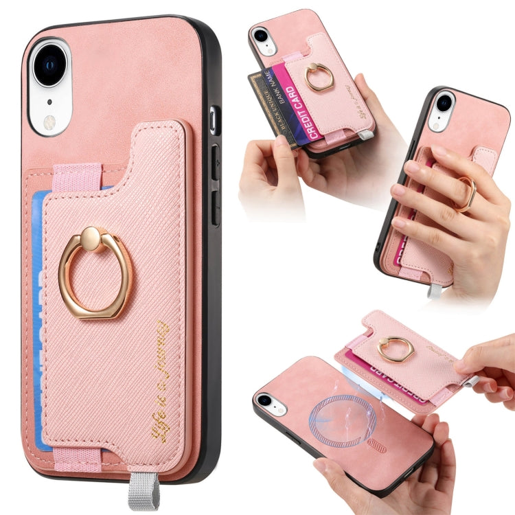 For iPhone XR Retro Magsafe Cross Leather Ring Holder Card Bag Phone Case(Pink) - More iPhone Cases by buy2fix | Online Shopping UK | buy2fix