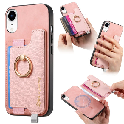 For iPhone XR Retro Magsafe Cross Leather Ring Holder Card Bag Phone Case(Pink) - More iPhone Cases by buy2fix | Online Shopping UK | buy2fix