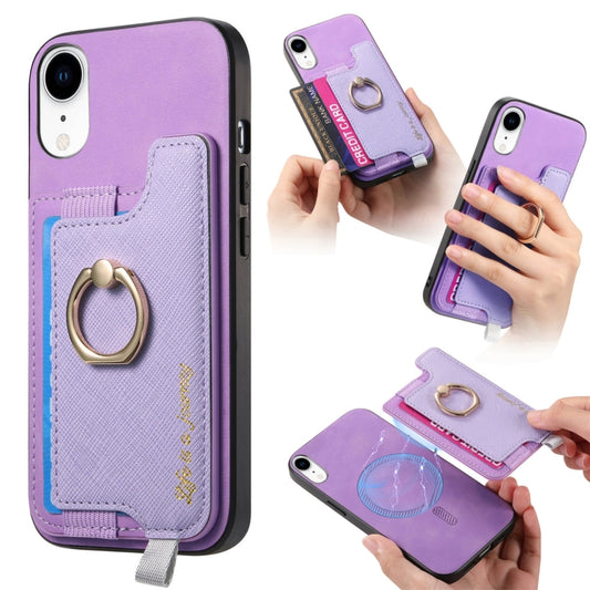 For iPhone XR Retro Magsafe Cross Leather Ring Holder Card Bag Phone Case(Purple) - More iPhone Cases by buy2fix | Online Shopping UK | buy2fix
