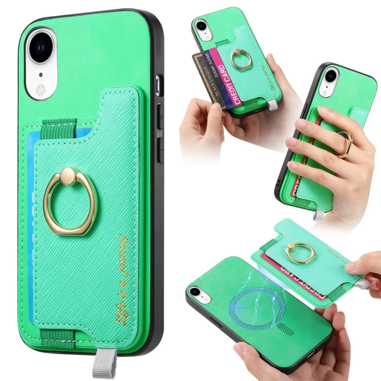 For iPhone XR Retro Magsafe Cross Leather Ring Holder Card Bag Phone Case(Green) - More iPhone Cases by buy2fix | Online Shopping UK | buy2fix