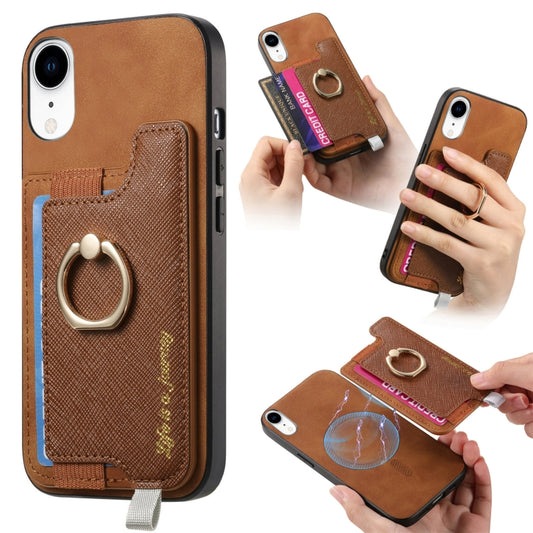 For iPhone XR Retro Magsafe Cross Leather Ring Holder Card Bag Phone Case(Brown) - More iPhone Cases by buy2fix | Online Shopping UK | buy2fix