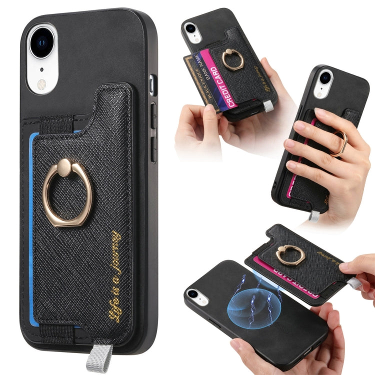 For iPhone XR Retro Magsafe Cross Leather Ring Holder Card Bag Phone Case(Black) - More iPhone Cases by buy2fix | Online Shopping UK | buy2fix