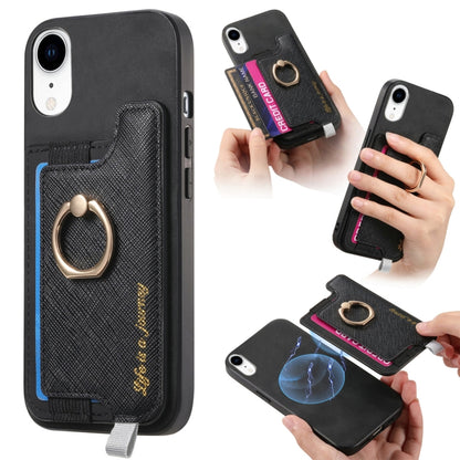 For iPhone XR Retro Magsafe Cross Leather Ring Holder Card Bag Phone Case(Black) - More iPhone Cases by buy2fix | Online Shopping UK | buy2fix