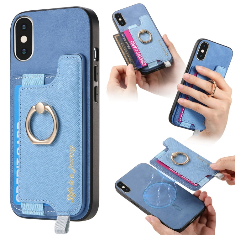 For iPhone XS Max Retro Magsafe Cross Leather Ring Holder Card Bag Phone Case(Blue) - More iPhone Cases by buy2fix | Online Shopping UK | buy2fix