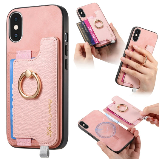 For iPhone XS Max Retro Magsafe Cross Leather Ring Holder Card Bag Phone Case(Pink) - More iPhone Cases by buy2fix | Online Shopping UK | buy2fix