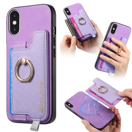 For iPhone XS Max Retro Magsafe Cross Leather Ring Holder Card Bag Phone Case(Purple) - More iPhone Cases by buy2fix | Online Shopping UK | buy2fix