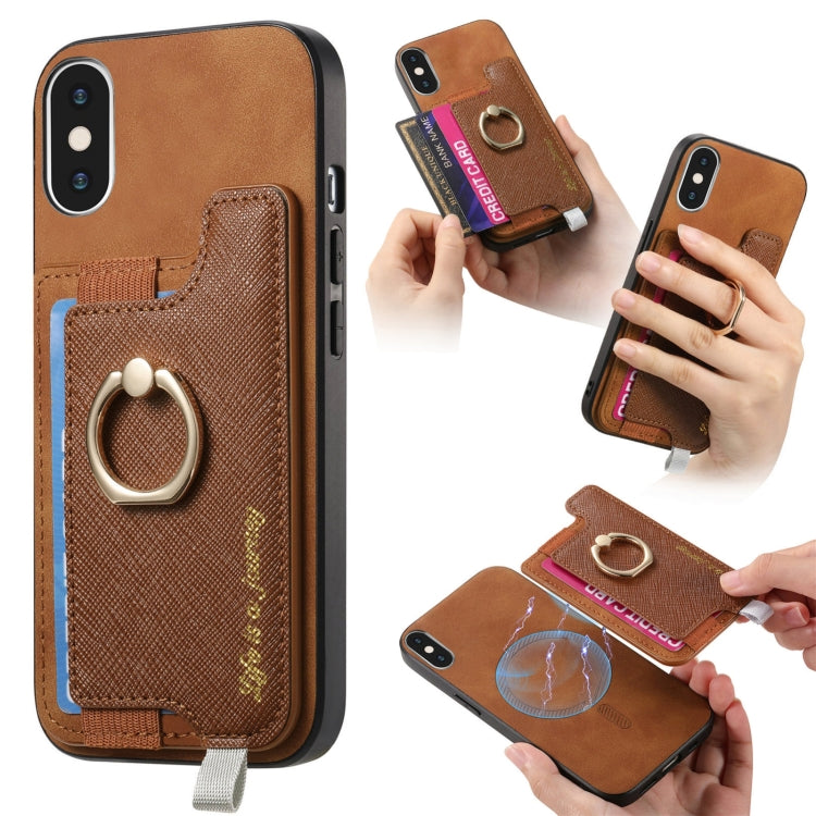 For iPhone XS Max Retro Magsafe Cross Leather Ring Holder Card Bag Phone Case(Brown) - More iPhone Cases by buy2fix | Online Shopping UK | buy2fix