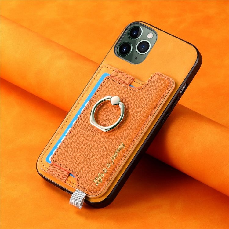 For iPhone 11 Retro Magsafe Cross Leather Ring Holder Card Bag Phone Case(Yellow) - iPhone 11 Cases by buy2fix | Online Shopping UK | buy2fix