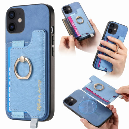 For iPhone 11 Retro Magsafe Cross Leather Ring Holder Card Bag Phone Case(Blue) - iPhone 11 Cases by buy2fix | Online Shopping UK | buy2fix