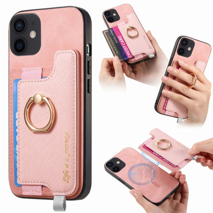 For iPhone 11 Retro Magsafe Cross Leather Ring Holder Card Bag Phone Case(Pink) - iPhone 11 Cases by buy2fix | Online Shopping UK | buy2fix