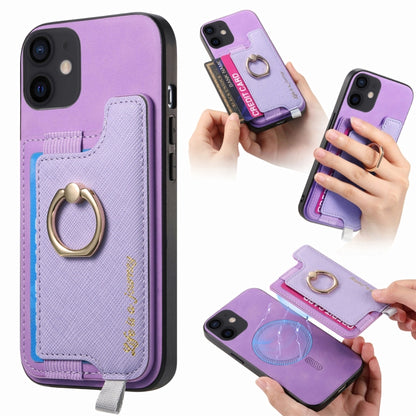 For iPhone 11 Retro Magsafe Cross Leather Ring Holder Card Bag Phone Case(Purple) - iPhone 11 Cases by buy2fix | Online Shopping UK | buy2fix