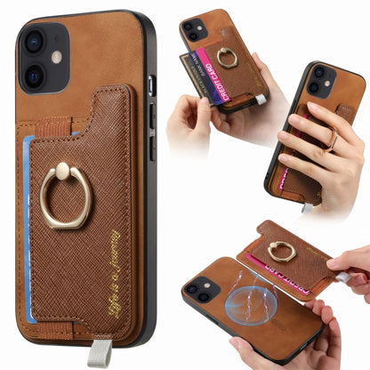 For iPhone 11 Retro Magsafe Cross Leather Ring Holder Card Bag Phone Case(Brown) - iPhone 11 Cases by buy2fix | Online Shopping UK | buy2fix