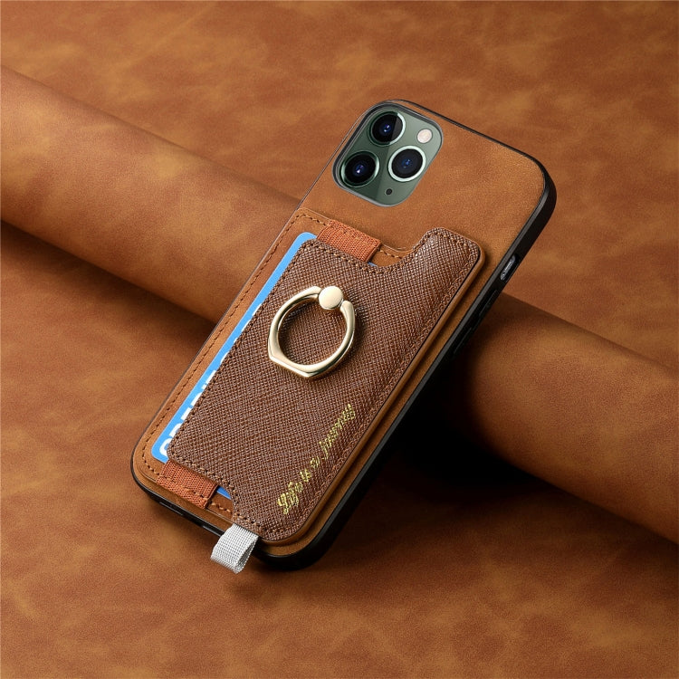 For iPhone 11 Retro Magsafe Cross Leather Ring Holder Card Bag Phone Case(Brown) - iPhone 11 Cases by buy2fix | Online Shopping UK | buy2fix